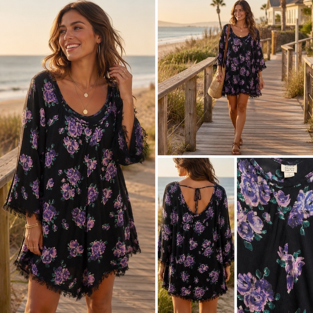 Some Days Lovin Womens Floral Mini Dress Black Purple Boho Handkerchief Hem M